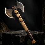 Double-headed Viking axe with a forged steel blade and wooden handle, standing on a black marble block against a dark background.