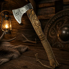 Engraved Viking axe with a carved wooden handle displayed on a rustic wooden table beside a shield and lantern.