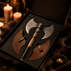 Ornate double-headed Viking axe with engraved metal blades, wooden handle, and leather blade covers displayed in a black presentation box.