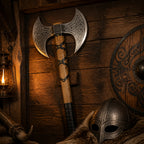 Viking axe mounted on wooden wall, with helmet, shield, and horn in rustic setting