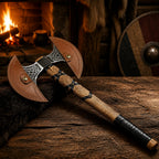 Axe with leather blade guards on wood table by fireplace and painted round shield