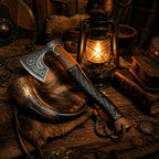 An engraved Viking-style axe with a leather-wrapped handle, resting on fur next to a drinking horn, lantern, and old books.