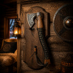 An engraved Viking-style axe with a leather-wrapped handle, mounted on a wooden display plaque with a shield and lantern nearby.