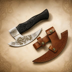 A Viking-style bearded axe with a carved wooden handle and dragon-etched blade, next to its leather sheath, on a decorative parchment background.