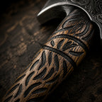 carved wooden axe handle with intricate dark engraved patterns and wrapped detailing, attached to a decorative metal axe head, resting on a rustic wooden surface.