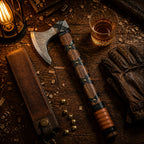 Small hatchet with wrapped handle on workbench near lantern, glass drink, and glove"

That's about 85 characters.