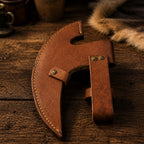 Handmade brown leather axe sheath with stitched edges and metal fasteners resting on a rustic wooden table.