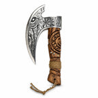 Decorative Viking axe with an intricately engraved metal head, carved wooden handle, leather-wrapped grip, and hanging cord.