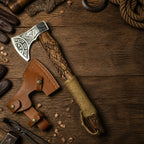 Handmade Fenrir Wolf Viking axe with carbon steel head and leather sheath on a wooden table